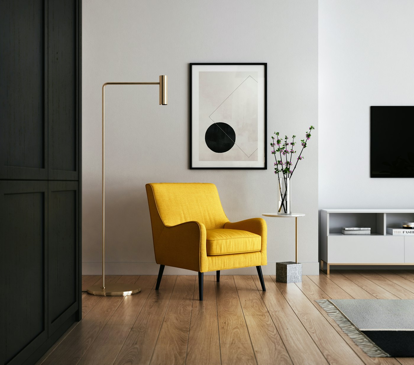Sala de estar moderna com poltrona amarela